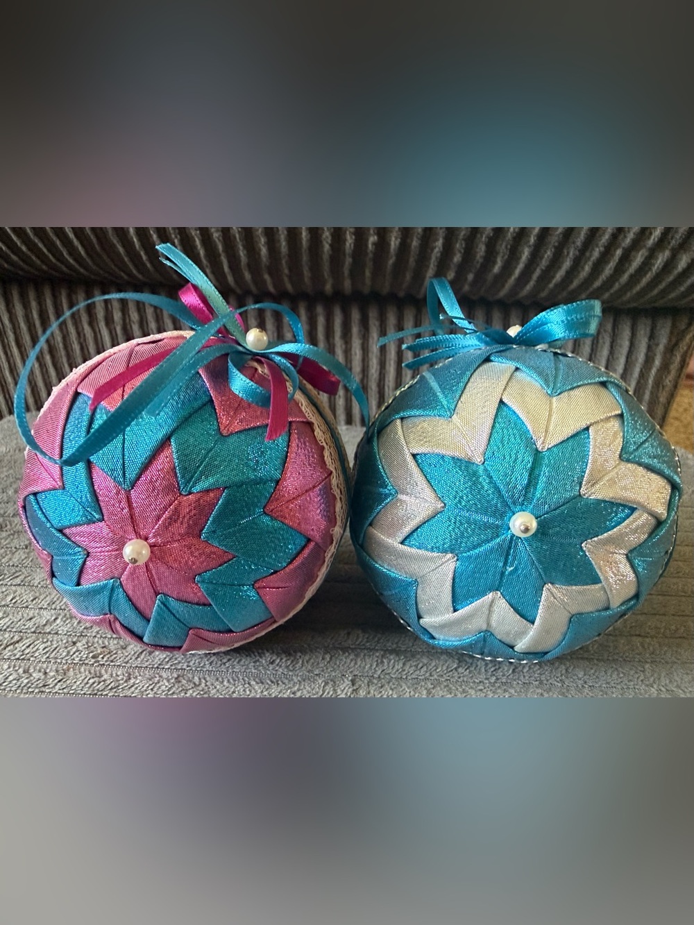 Lot of 2 Quilted Handmade Teal Pink Layered Ribbon Holiday Christmas Ornaments